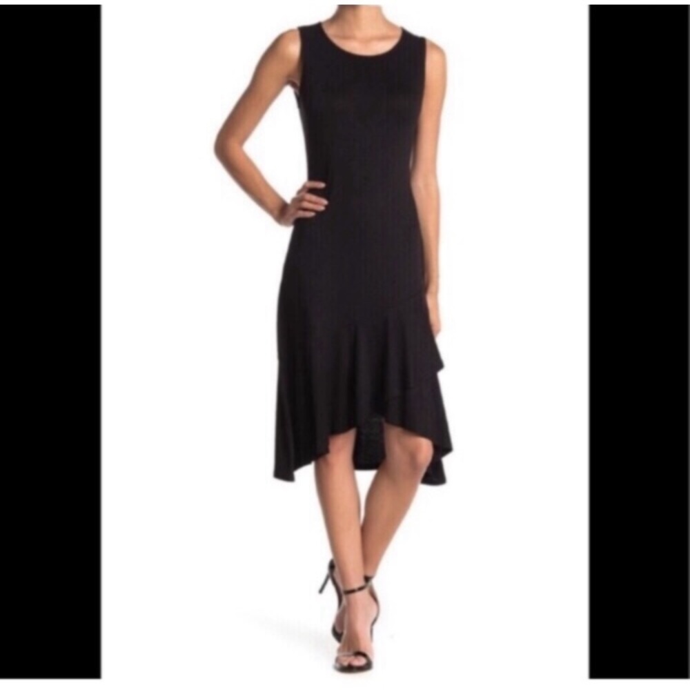 2/$30 Sangria Black Sleeveless Sheer Top Asymmetrical Ruffle Fishtail Hem Dres…